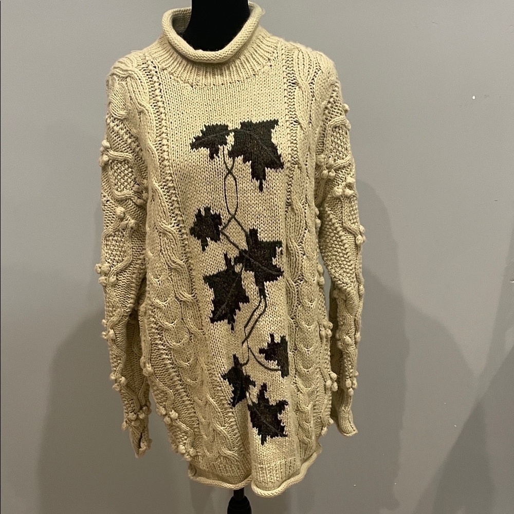 Women's Cream Cable Knit Sweater with Leaf Design long medium